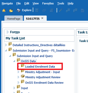Selected loaded enrolment data tab in task list under OnSIS data